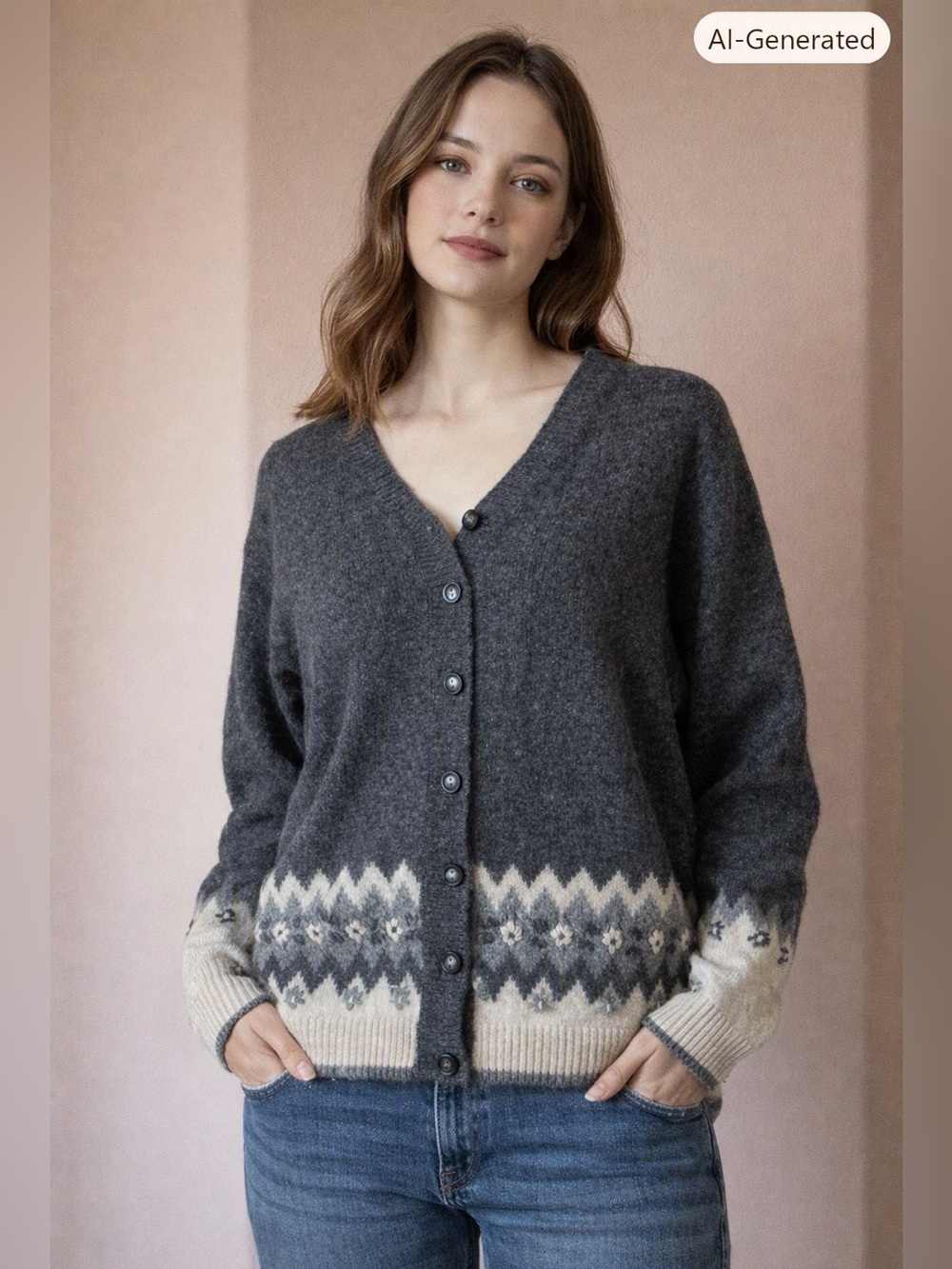 Cozy Charcoal Gray Fair Isle Button-Up Cardigan Sweater 100% lamb’s wool.